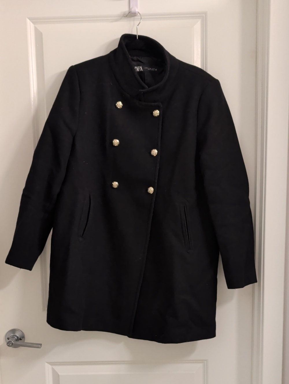 ZARA Black Double-Breasted Pea Coat with Gold Buttons
